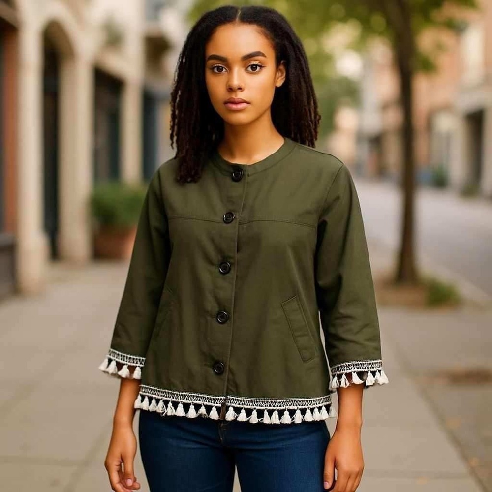 Zara Embroidered Crop Denim Jacket Oversized Size S Olive Green Frayed